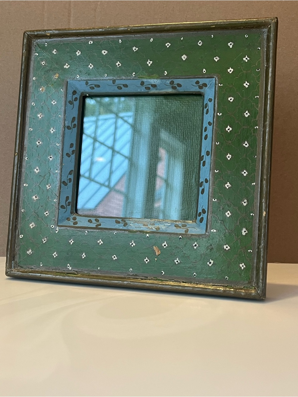 VTG Handmade in India Green folk antique primitive rustic picture Frame